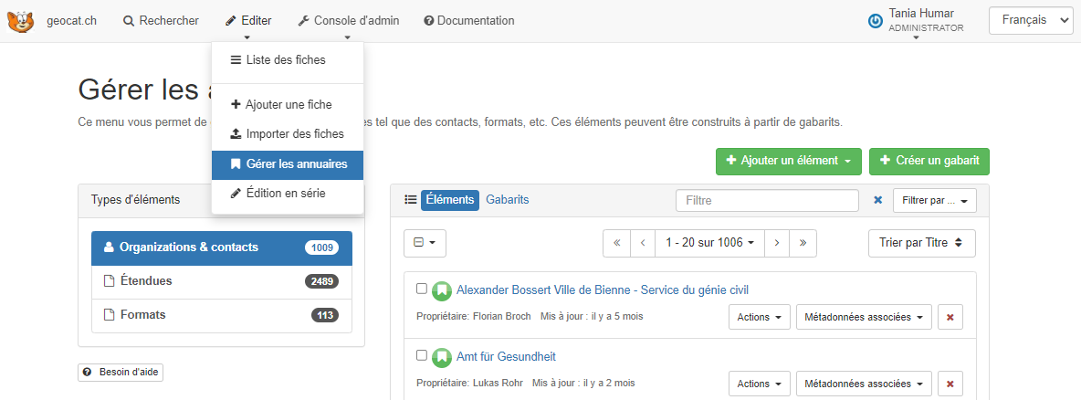 Copie d'écran des annuaires de geocat.ch