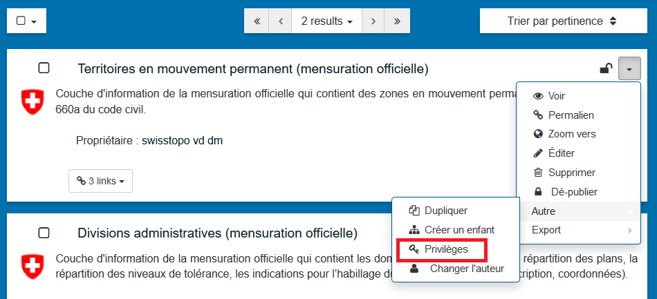 Privilèges geocat.ch
